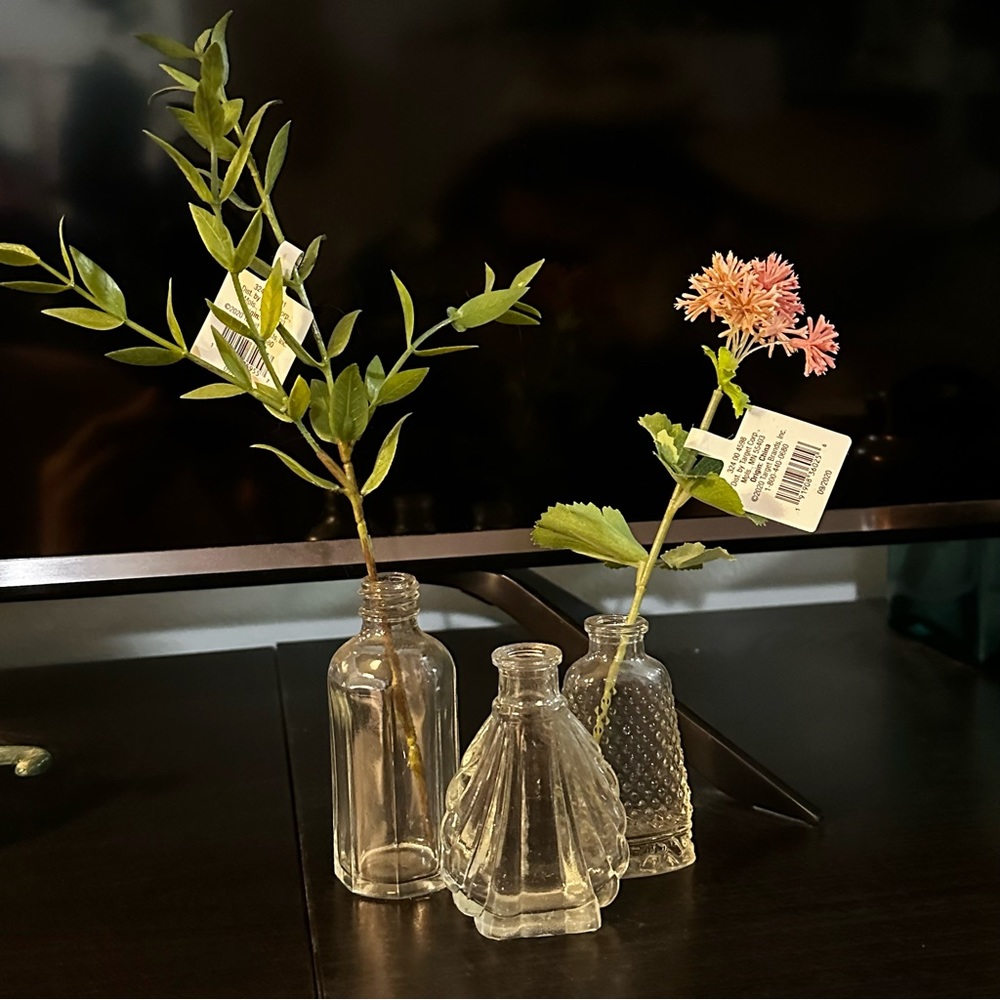 3 mini glass bud vases - floral/greenery not included